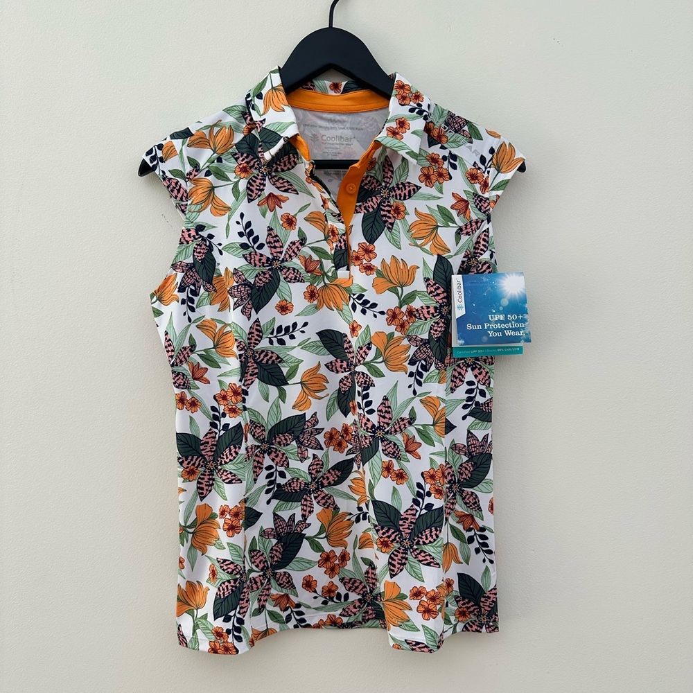 Coolibar Women's Floral Button Down Shirt - Orange, Green, Black